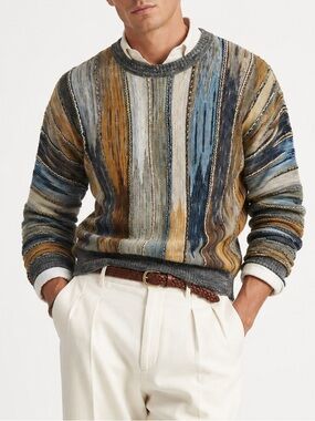 Riscatto Made in Italy Coastal Earth Tone Textured Knit Crew Neck Sweater Large